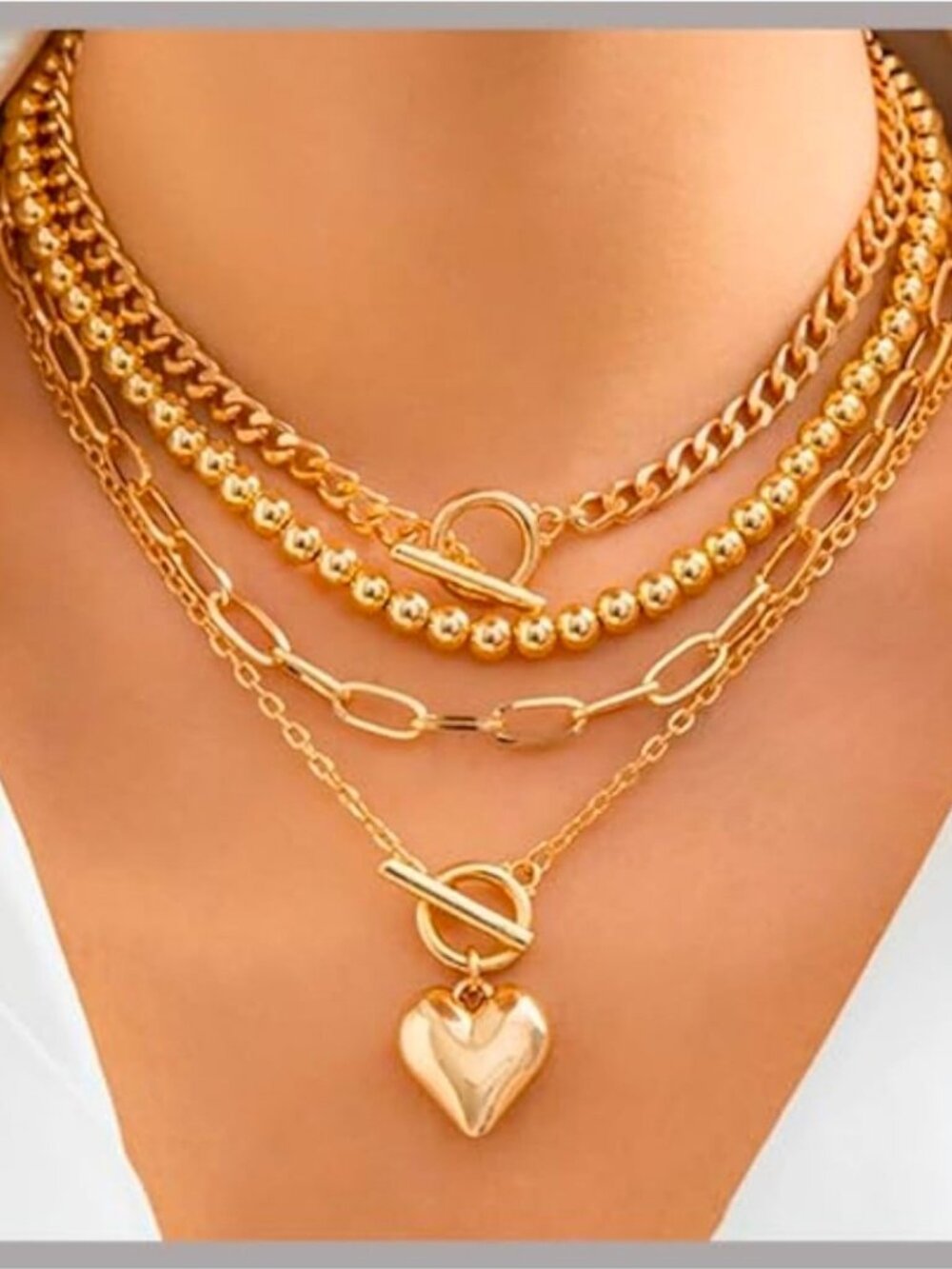 Layered Toggle Clasp Necklace with Heart Pendant Gold Tone or Silver Tone